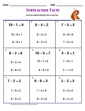 Preview image for worksheet with title Subtraction Facts