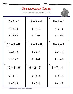 Preview image for worksheet with title Subtraction Facts