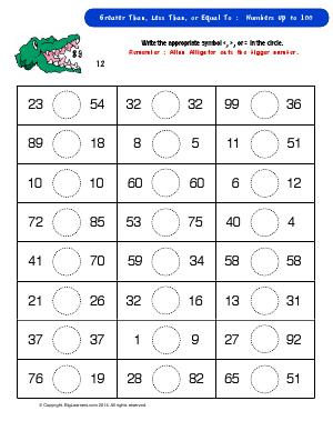 Preview image for worksheet with title Greater Than, Less Than, or Equal to