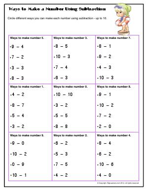 Preview image for worksheet with title Ways to Make a Number Using Subtraction - Up to 10