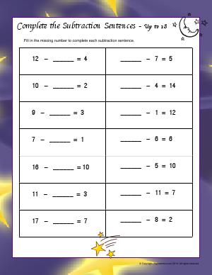 Preview image for worksheet with title Complete the Subtraction Sentences - Up to 18