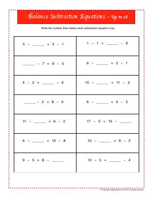 Preview image for worksheet with title Balance Subtraction Equations - Up to 18