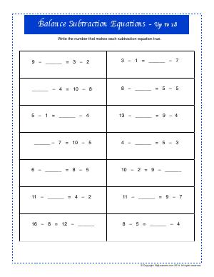 Preview image for worksheet with title Balance Subtraction Equations - Up to 18
