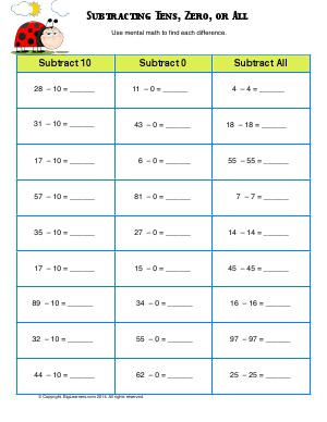 Preview image for worksheet with title Subtracting Tens, Zros, or All