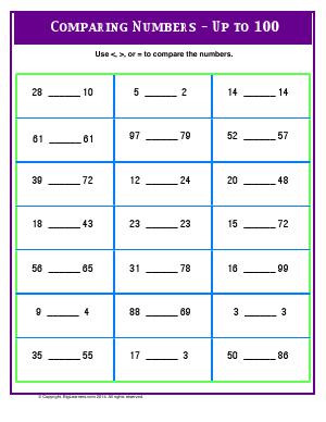 Preview image for worksheet with title Comparing Numbers - Up to 100