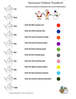 Preview image for worksheet with title Snowman Ordinal Numbers!