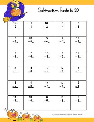 Preview image for worksheet with title Subtraction Facts to 20