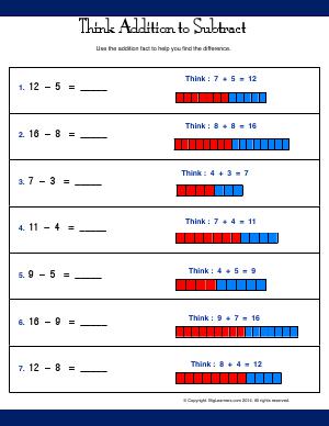 Preview image for worksheet with title Think Addition to Subtract