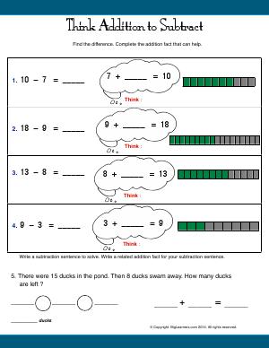 Preview image for worksheet with title Think Addition to Subtract