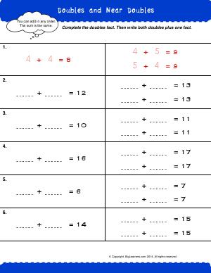 Preview image for worksheet with title Doubles and Near Doubles