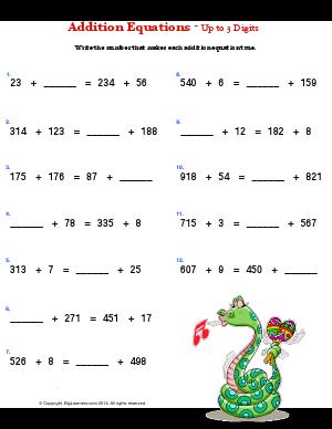 Preview image for worksheet with title Addition Equations - Up to 3 Digits