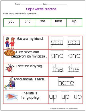 Preview image for worksheet with title Sight Words Practice