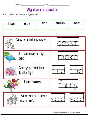 Preview image for worksheet with title Sight Words Practice