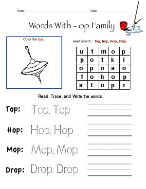 Preview image for worksheet with title Words With - op Family