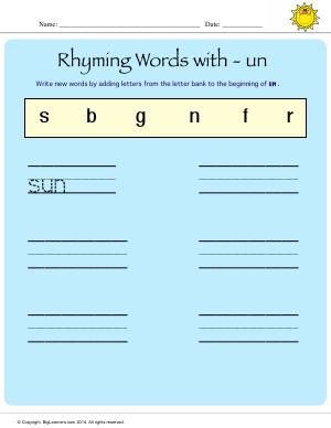 Preview image for worksheet with title Rhyming Words With - un