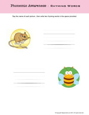 Preview image for worksheet with title Phonemic Awareness : Rhyming Words