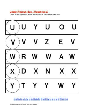 Preview image for worksheet with title Letter Recognition Uppercase (U-Y)