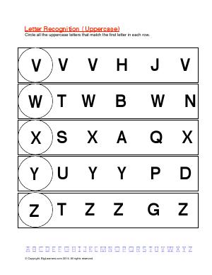Preview image for worksheet with title Ltter Recognition Uppercase ( V-Z)