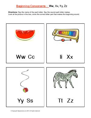 Preview image for worksheet with title Beginning Consonants: Ww, Xx, Yy, Zz