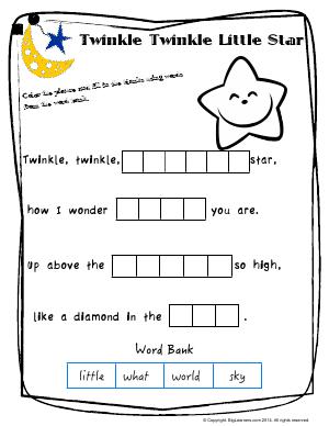 Preview image for worksheet with title Twinkle Twinkle Little Star ( Worksheet # 1 )
