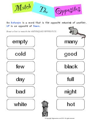 Preview image for worksheet with title Match the Opposites - Hickory Dickory Dock