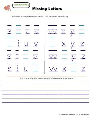 Preview image for worksheet with title Missing Letters - ( s - z )