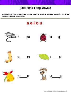 Preview image for worksheet with title Short and Long Vowels