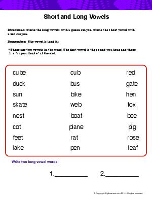 Preview image for worksheet with title Short and Long vowels