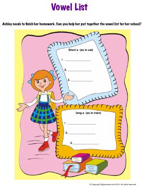 Preview image for worksheet with title Vowel List