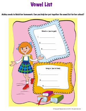 Preview image for worksheet with title Vowel List