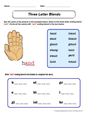 Preview image for worksheet with title Three Letter Blends - "and"