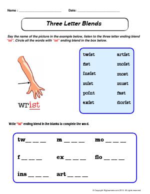 three letter blends first grade english worksheets biglearners