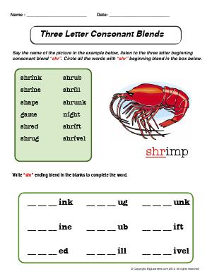 Preview image for worksheet with title Three Letter Consonant Blends (Beginning)