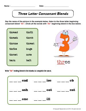 Preview image for worksheet with title Three Letter Consonant Blends (Beginning)