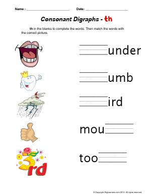 Preview image for worksheet with title Consonant Digraphs - "th"