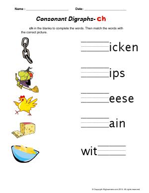 Preview image for worksheet with title Consonant Digraphs - ch