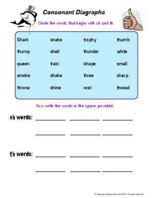 Preview image for worksheet with title Consonant Digraphs (sh and th)