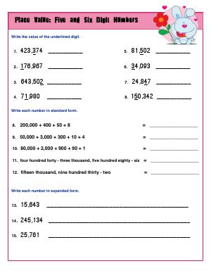 5 and 6 digits place value third grade math worksheets biglearners