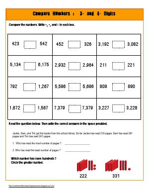 Preview image for worksheet with title Compare Numbers : 3- and 4- Digits