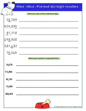 Preview image for worksheet with title Place Value : Five and Six Digit Numbers