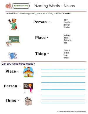 Preview image for worksheet with title Naming Words - Nouns