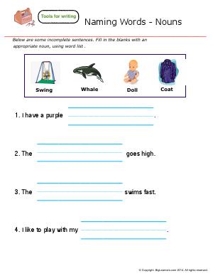 Preview image for worksheet with title Naming Words - Nouns