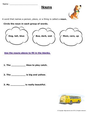 Preview image for worksheet with title Nouns