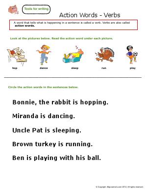 Preview image for worksheet with title Action Words - Verbs