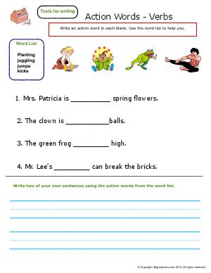 Preview image for worksheet with title Action Words - Verbs