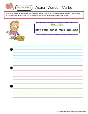 Preview image for worksheet with title Action Words - Verbs