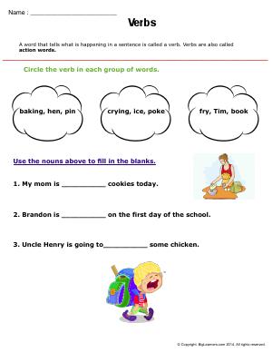 Preview image for worksheet with title Verbs