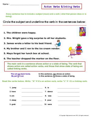 Preview image for worksheet with title Action Verbs and Linking Verbs