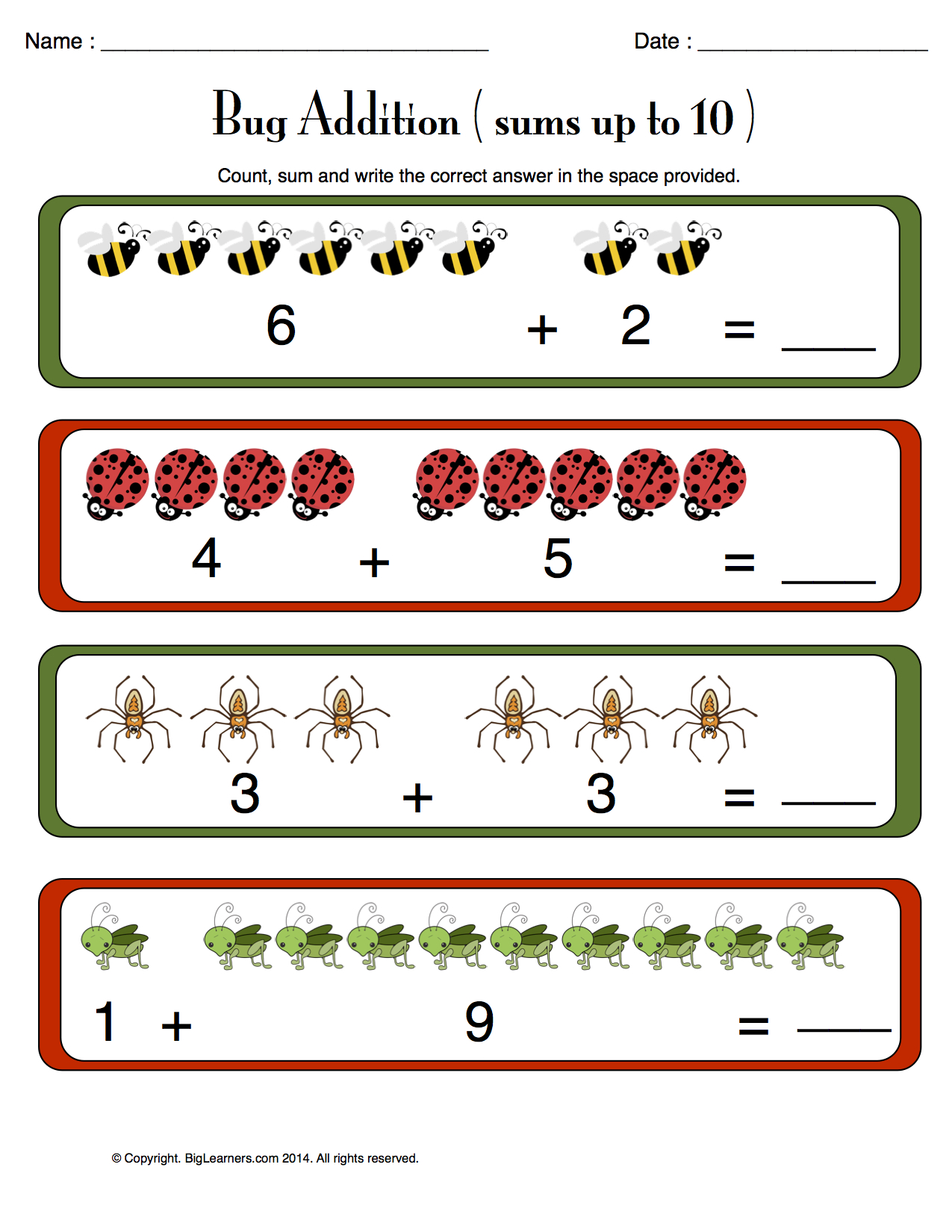 Preview image for worksheet with title Bug Addition (sums up to 10)
