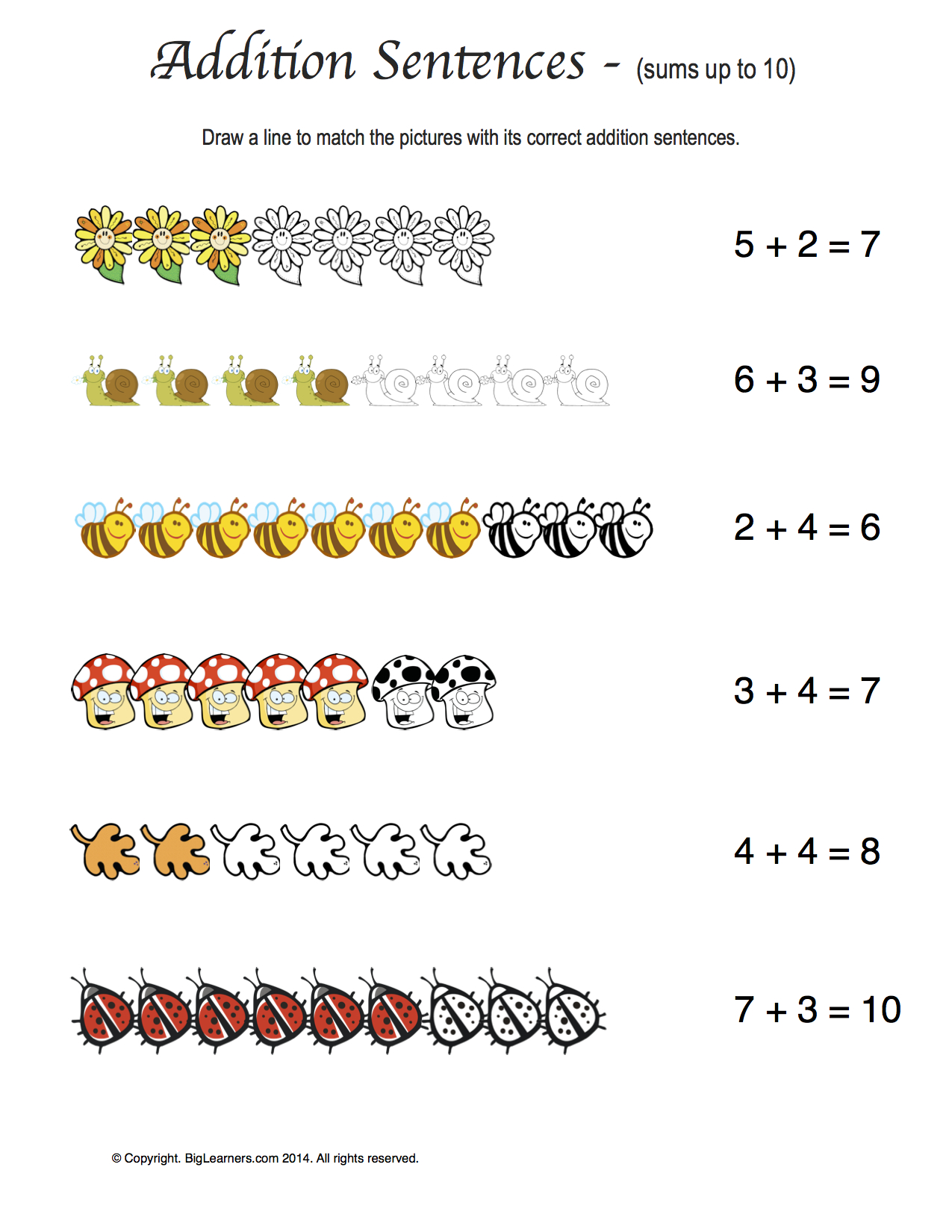 Preview image for worksheet with title Addition Sentences (sums up to 10)